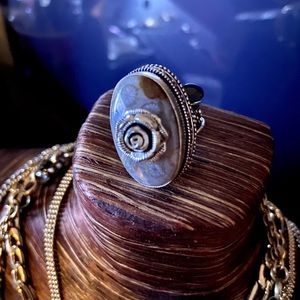 Silver Rose Fossil Coral Ring Handmade 8